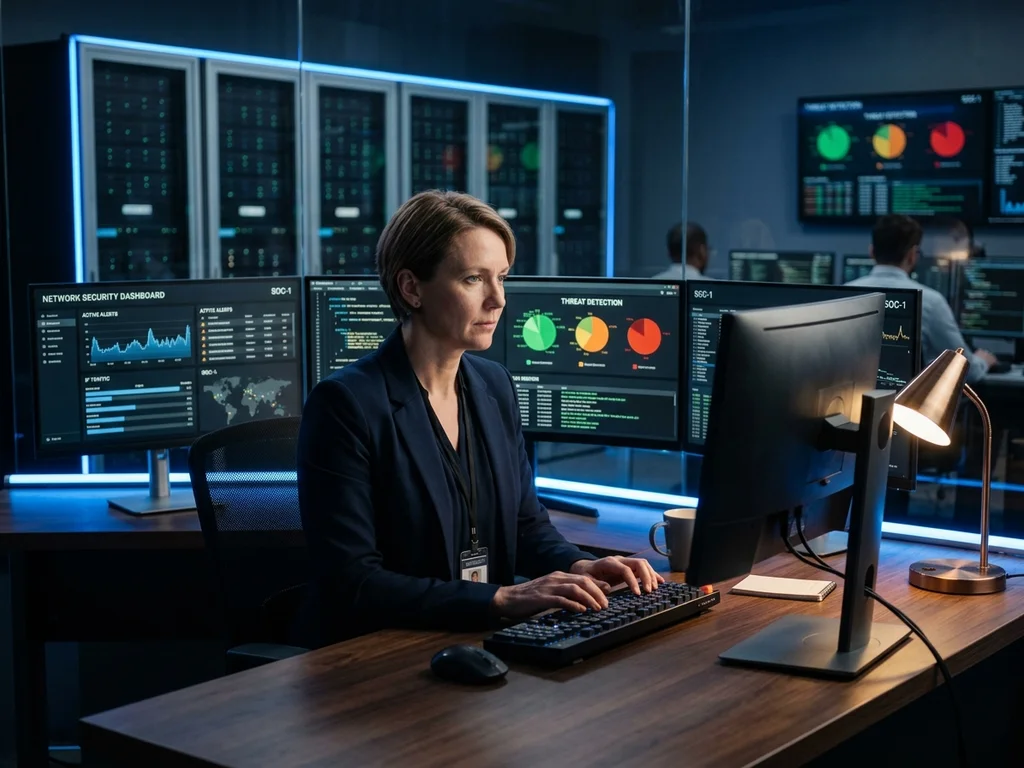 Analyste supervisant un tableau de bord réseau pour bloquer les cyberattaques et ransomwares.
