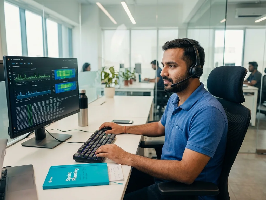 Consultant en infogérance attentif conseillant un client par visioconférence devant des tableaux de bord techniques.