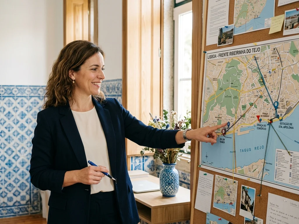 Une consultante localisant les bureaux de Lisbonne sur une carte pour le service informatique.
