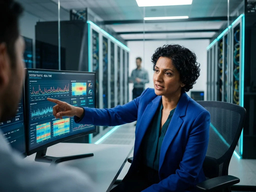 Consultante IT analysant un tableau de bord de monitoring pour optimiser la performance serveur.