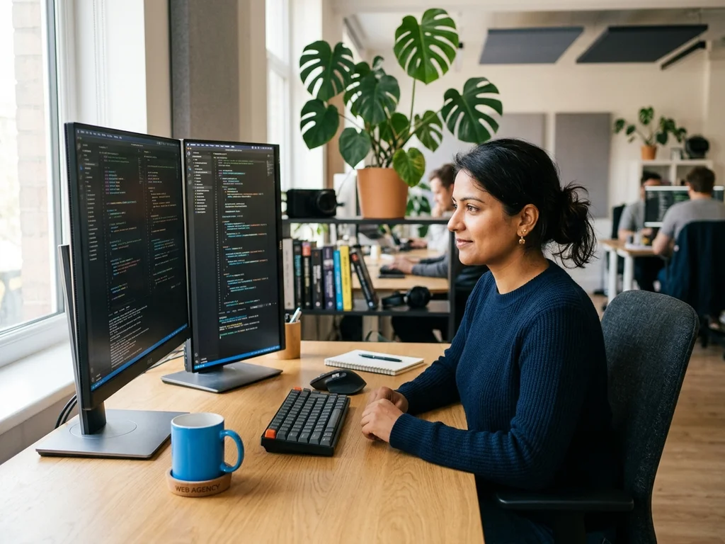 Une développeuse analyse le code sur double écran pour assurer la maintenance applicative continue.