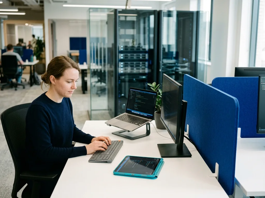 Développeuse travaillant dans un open space moderne avec des solutions numériques pour entreprises.