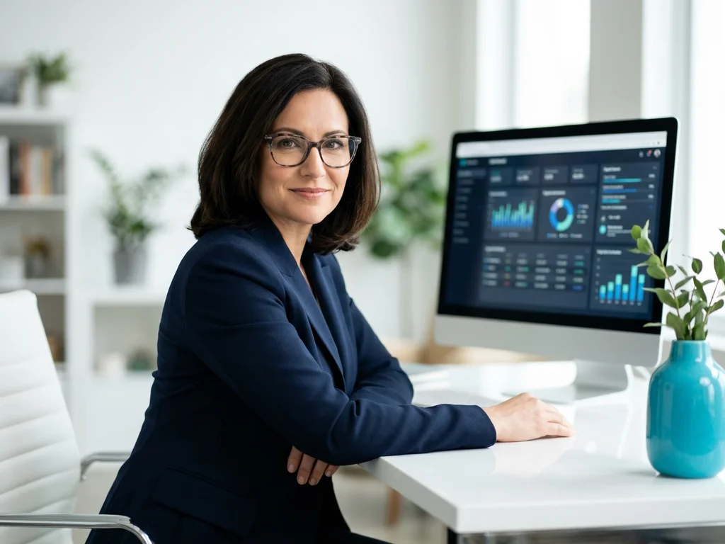 Sophie M., directrice e-commerce, souriante dans son bureau moderne pour témoigner de son expérience d'infogérance.