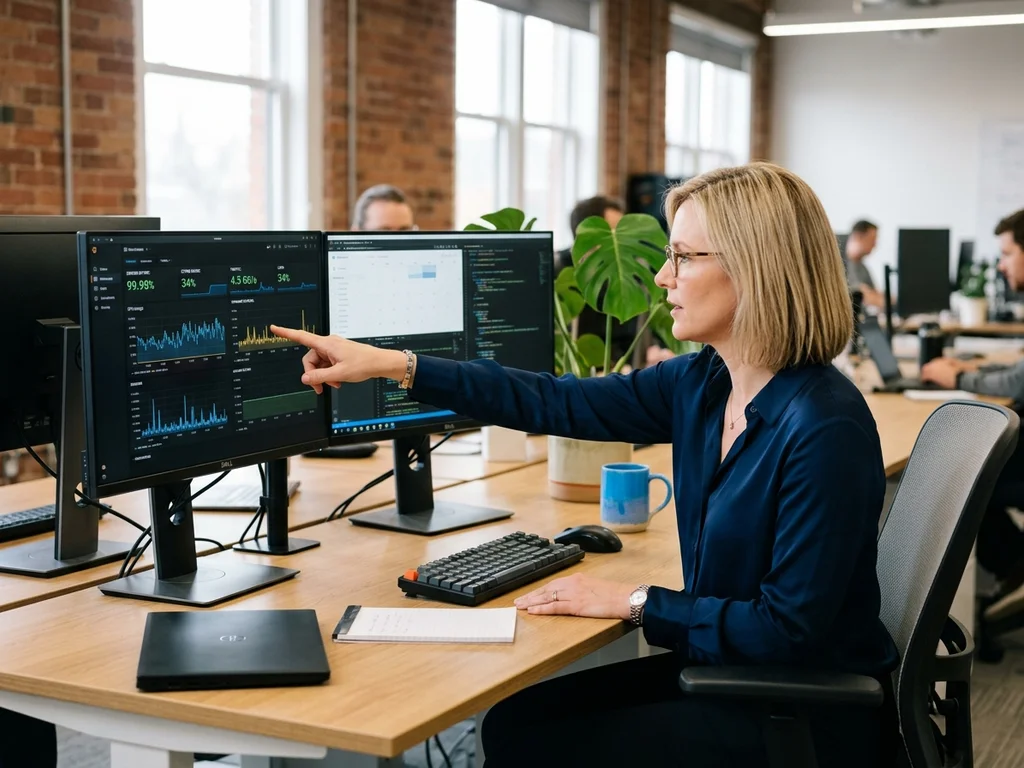 Une directrice informatique analyse des graphiques de performance serveur pour adapter l'infogérance aux entreprises.