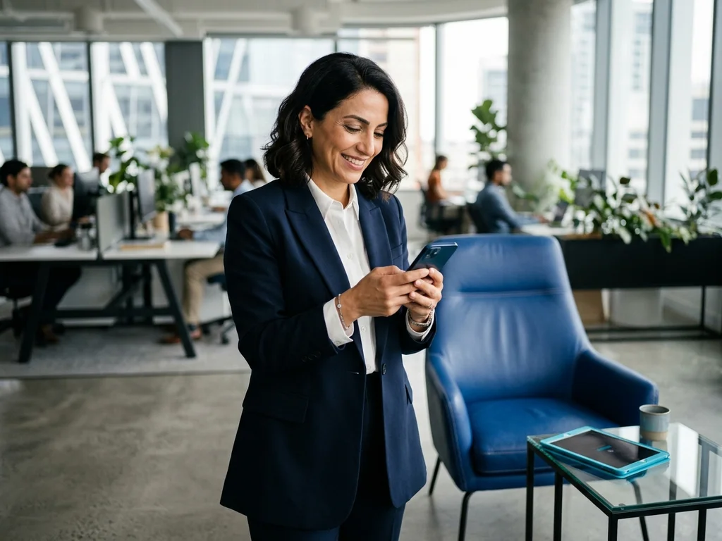 Directrice technique sereine consultant son smartphone, illustrant la réactivité de la maintenance applicative.