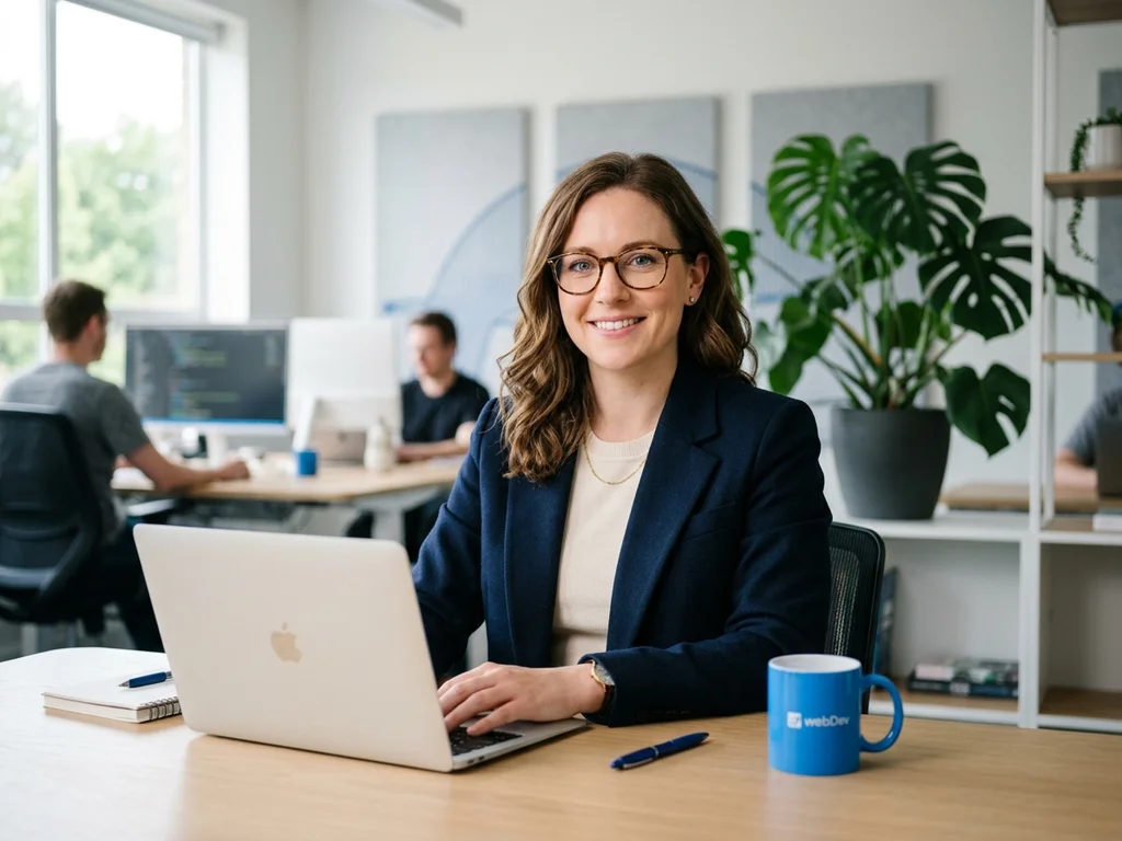 Une experte en informatique souriante à son bureau, prête à conseiller pour l'infogérance web.