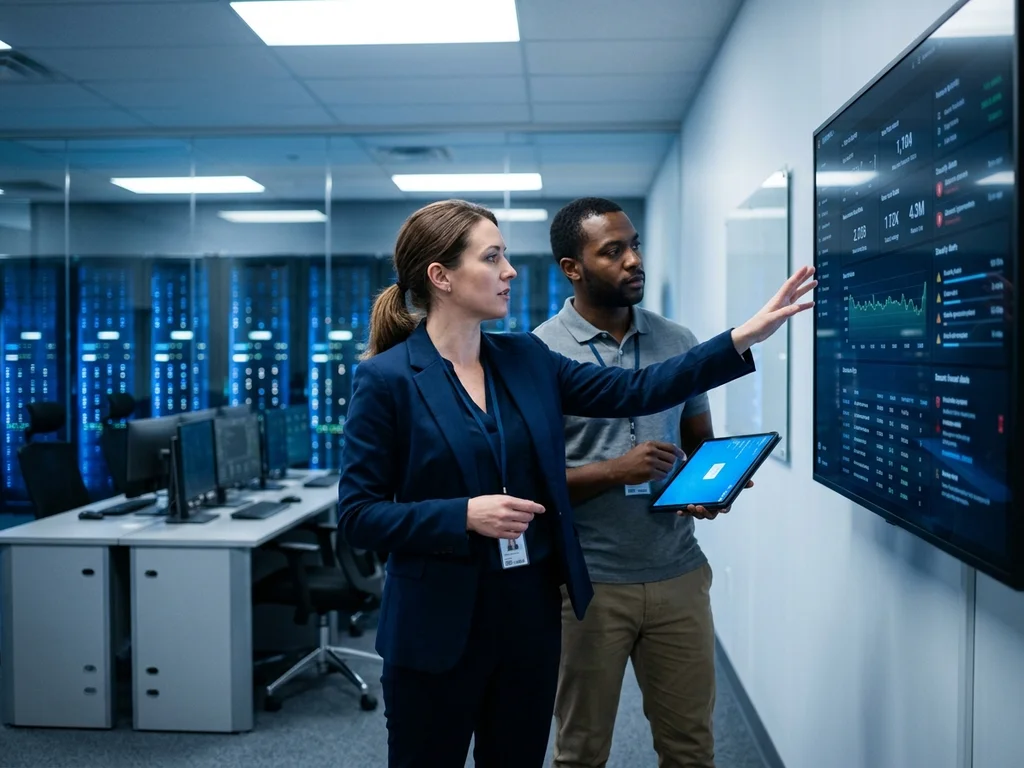 Des experts analysent un tableau de bord pour assurer la veille de sécurité informatique.