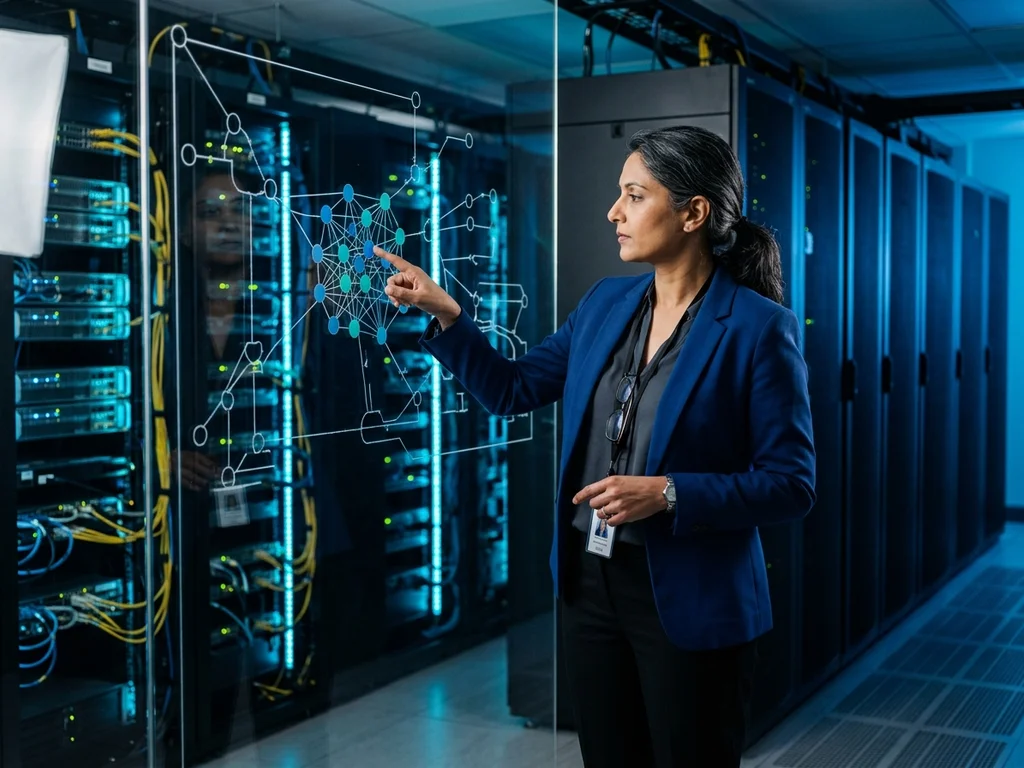Ingénieure analysant un schéma de serveurs redondants pour assurer une continuité de service totale.