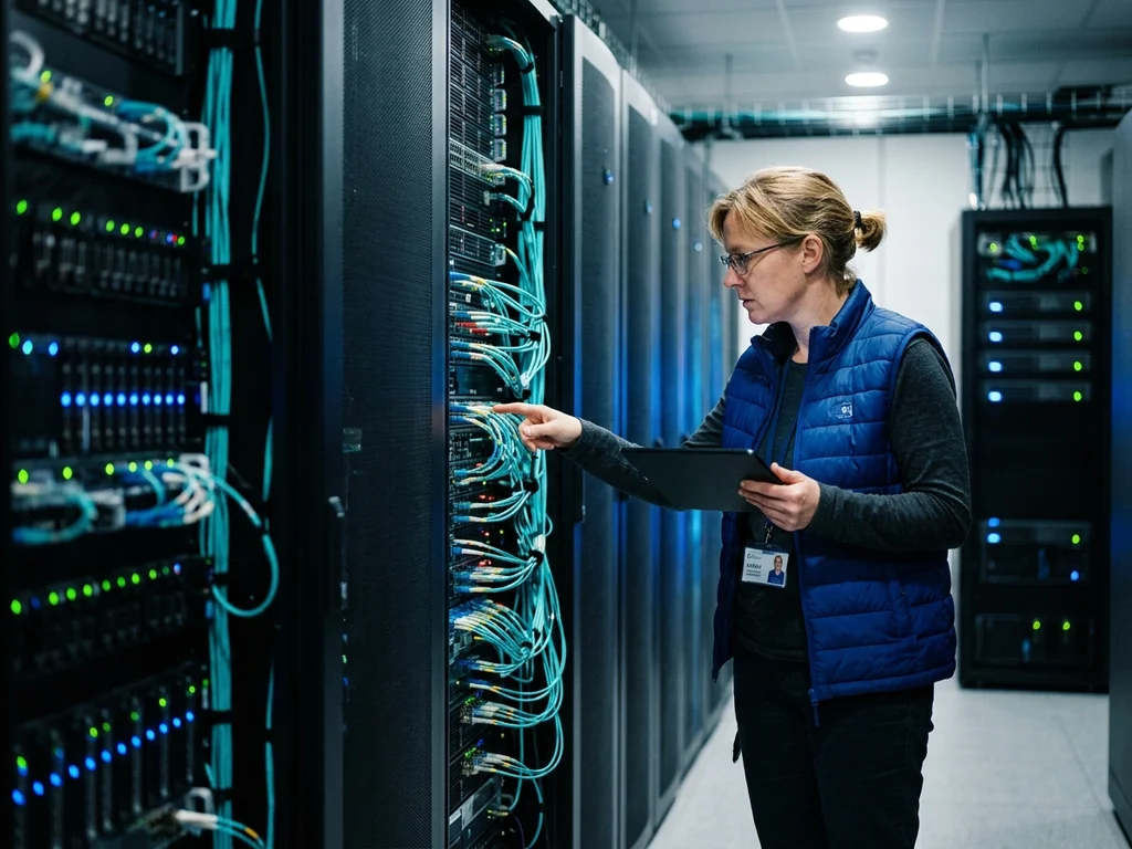 Ingénieure en infogérance et son équipe assurant la maintenance d'un centre de données moderne.