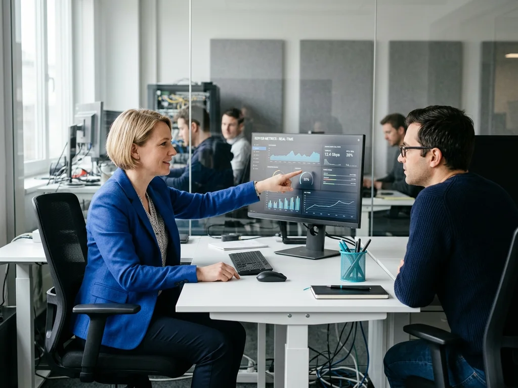 Collaboration entre experts en infogérance et client PME analysant des indicateurs de performance technique.