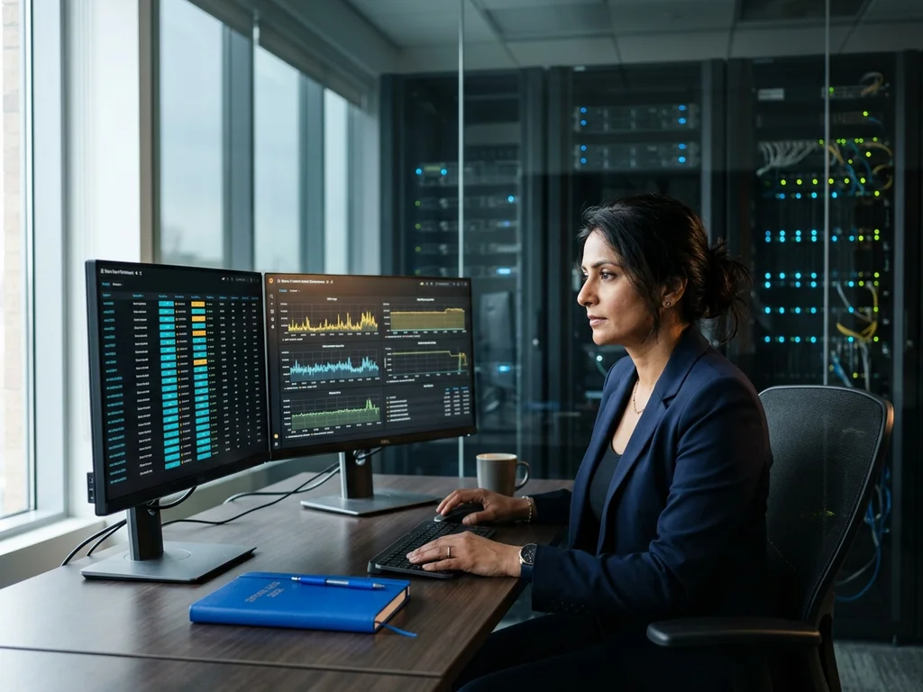 Experte analysant des tableaux de bord de monitoring pour optimiser les prestations d'infogérance serveur.