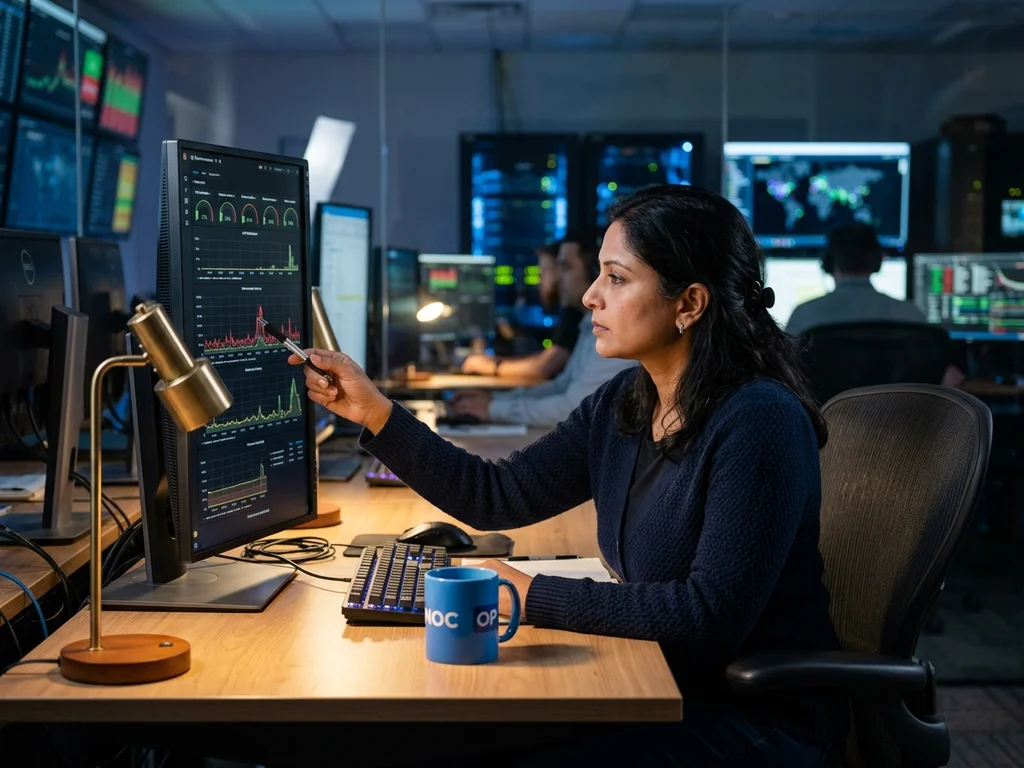 Technicienne analysant des rapports de performance mensuels pour garantir le monitoring continu d'une infrastructure.